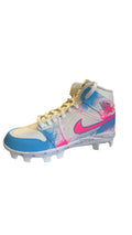 Pink and Blue Splatter Jordan 1 Mid Custom Cleats