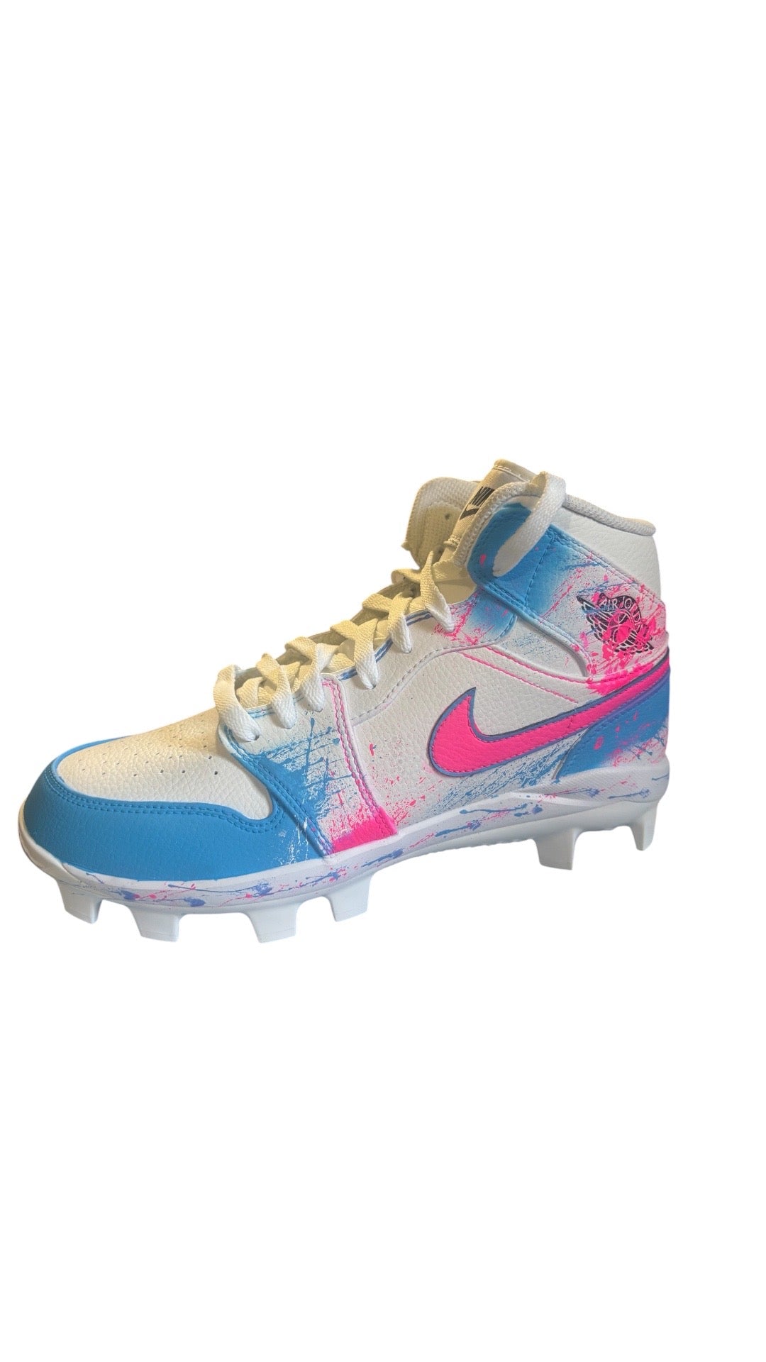 Pink and Blue Splatter Jordan 1 Mid Custom Cleats