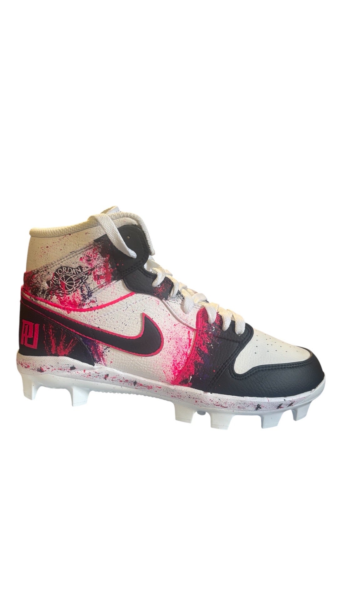 Pink and Black Splatter Jordan 1 Mid Custom Cleats
